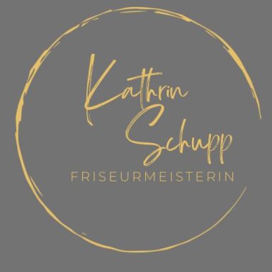 Logo von Kathrin Schupp, Friseurmeisterin, in goldener Schrift auf grauem Hintergrund.