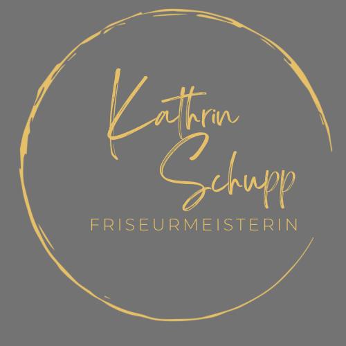 Logo von Kathrin Schupp, Friseurmeisterin, in goldener Schrift auf grauem Hintergrund.